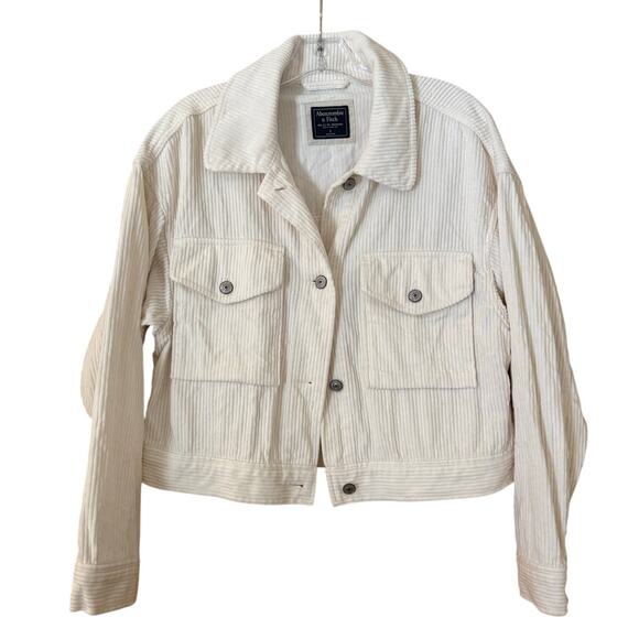 Abercrombie & Fitch White Wide Wale Corduroy Cropped Trucker Jacket, Size Lg. - Picture 1 of 4